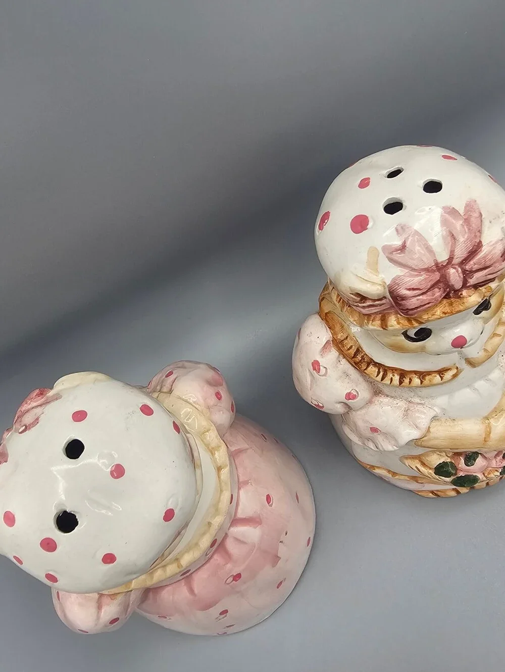 Vintage Ceramic Bear Salt and Pepper Shakers with Floral Basket Design